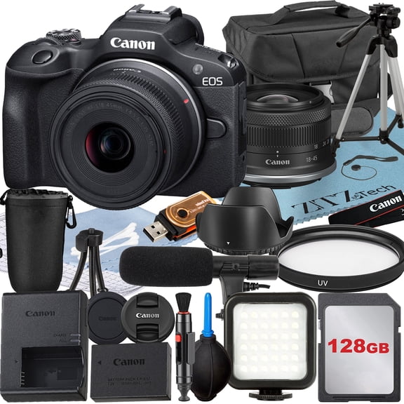 Canon EOS R100 Mirrorless Camera with RF-S 18-45mm Lens   128GB Memory Card   Case   LED Flash   ZeeTech Accessory Bundle (International Version)