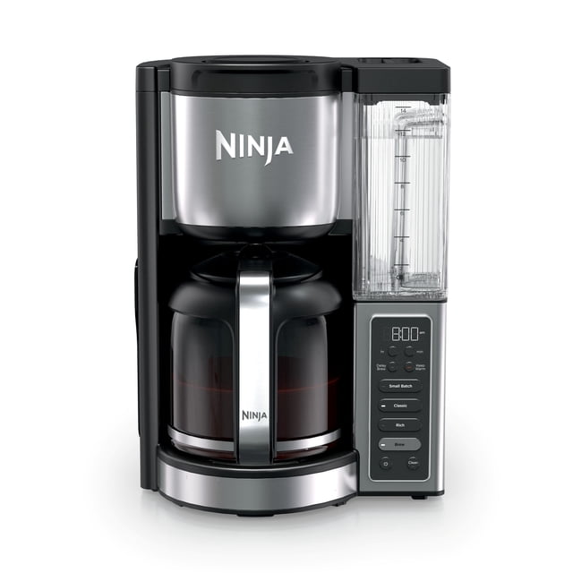 Ninja Fresh Brew 14-Cup Coffee Maker with Classic & Rich modes, removable 70oz reservoir, delay brew, small batch option, and adjustable warming plate. Stainless steel CE451