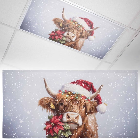 Cow Christmas 1 Piece Cow with Poinsettia Snowflake Magnetic Fluorescent Light Covers, 2x4 Ft, Magnetic Light Covers for Ceiling Lights Classroom Office Home Decor