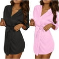 thumbnail image 2 of 2PC Women Lightweight Bathrobes V Neck Comfy Solid Color Loungewear Long Sleeve Housecoat Short Nightwear Style B-3 New Pinky One Size, 2 of 9