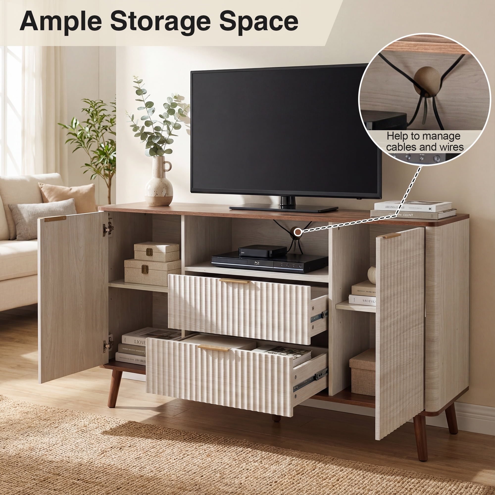 Prilinex 56" TV Stand for TVs up to 60", Modern Entertainment Center with LED Lights, Media Console with 2 Drawers & 2 Storage Cabinet, TV Table TV Console for Living Room