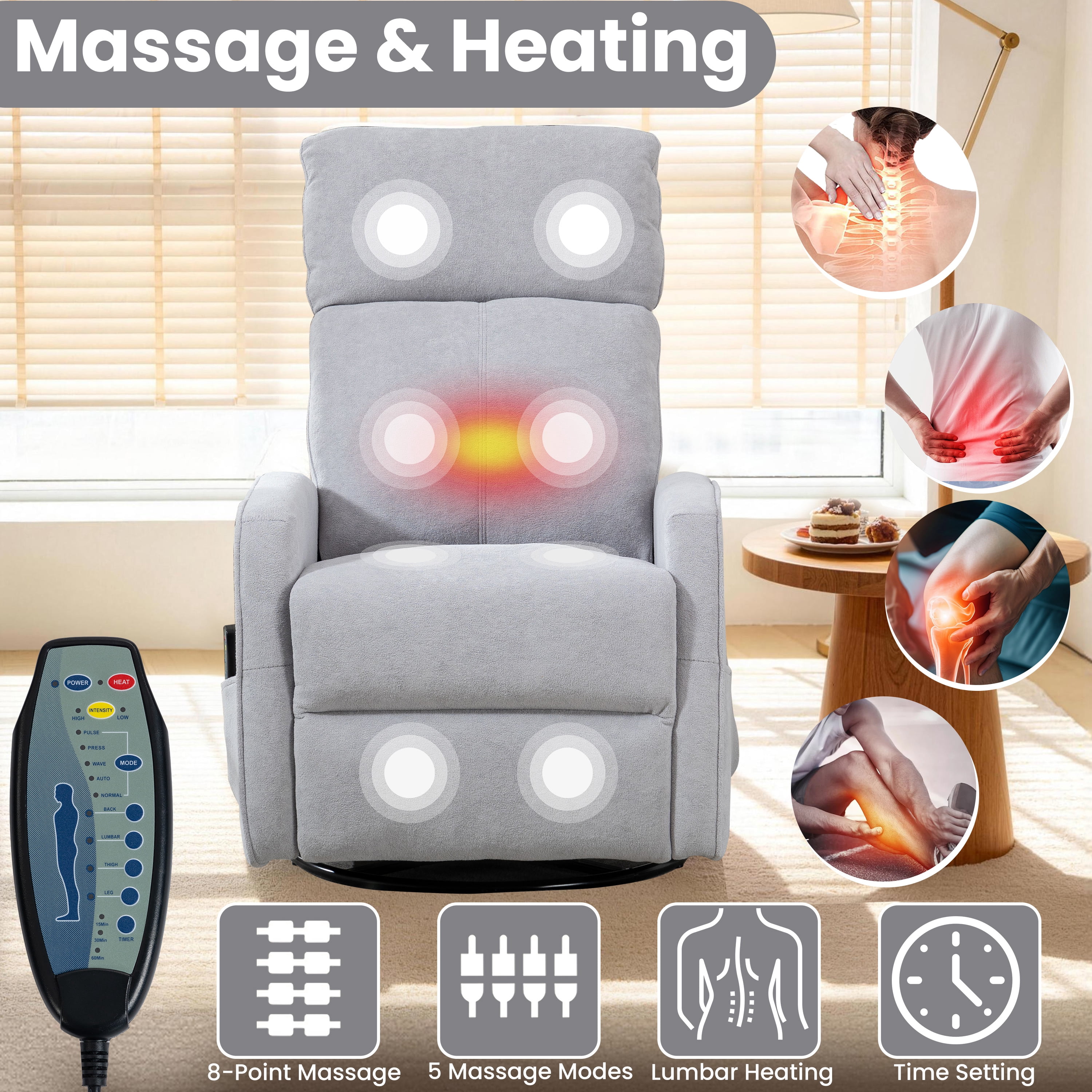 Rocker Recliner with Heat and Massage, LEGAHOME Velvet Upholstered 360° Swivel Rocking Recliner, Small Rocker Recliner with Side Pockets for Small Space, Manual Rocking Chair for Nursery, Gray