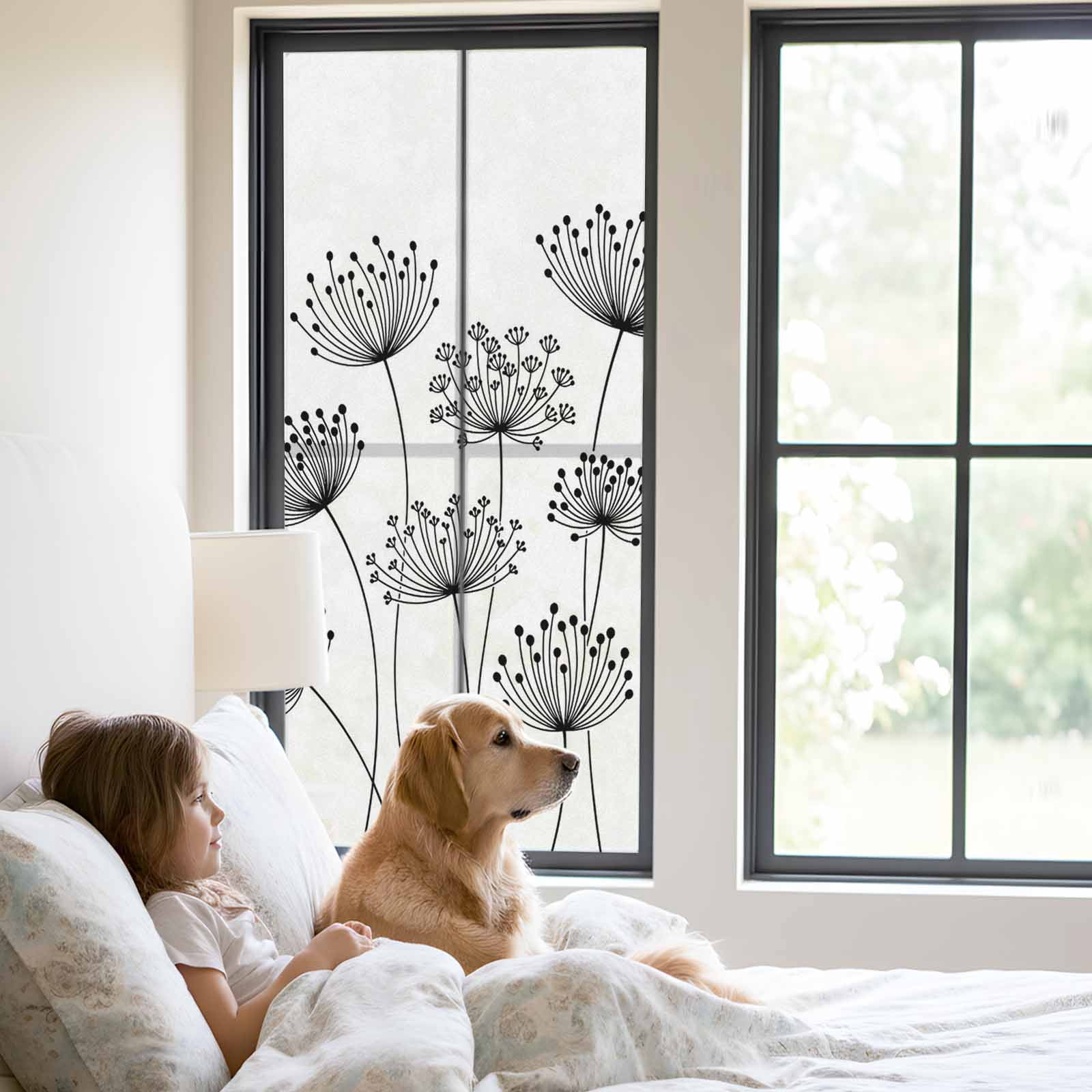 Black Dandelion Window Privacy Film, Country Modern Minimalist Flower Static Cling UV Sun Blocking Tint Film Heat Control Windows Films for Bedroom Bathroom, Window Stickers 29.5"x78.7"