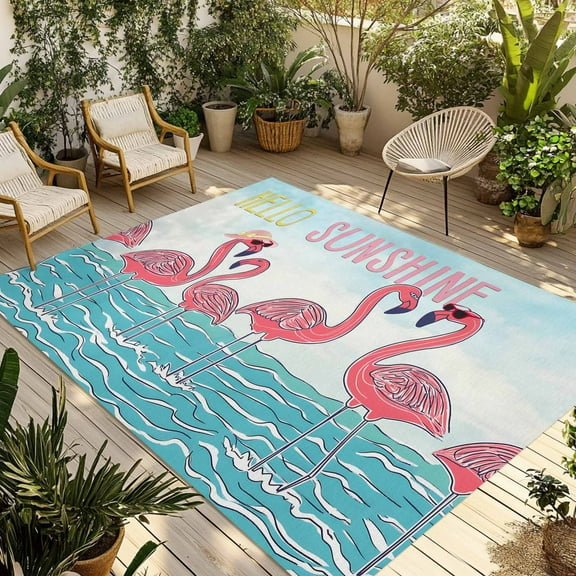 Fsddascl Summer Cute Flamingo Outdoor Rug for Patio/Deck/Porch, Non-Slip Large Area Rug 4 x 6 Ft, Cartoon Animal Hello Sunshine Indoor Outdoor Rugs Washable Area Rugs, Reversible Camping Rug Carpet