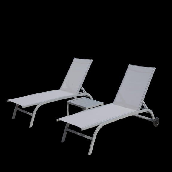 Grey Aluminum Outdoor Chaise Lounge Set of 3 with Wheels, 5-Position Adjustable Backrest, All-Weather Poolside Patio Beach Lounge Chairs & Table