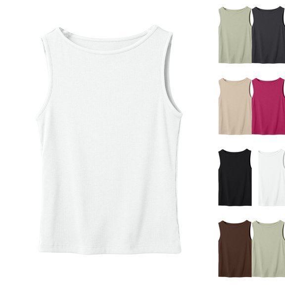 Tank Tops for Women Knit Crewneck Slim Fit Plain Solid Tops Summer Office Layering Basic Sleeveless Shirts White M