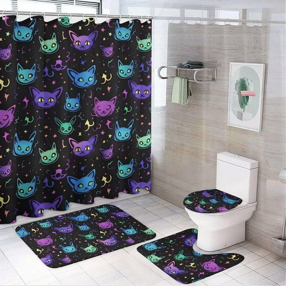 Colorful Cat 4 Pcs Bathroom Shower Curtain Set,Bathroom Sets with Rugs (Bath Mat,U Shape and Toilet Lid Cover Mat), Bathroom Decor Set