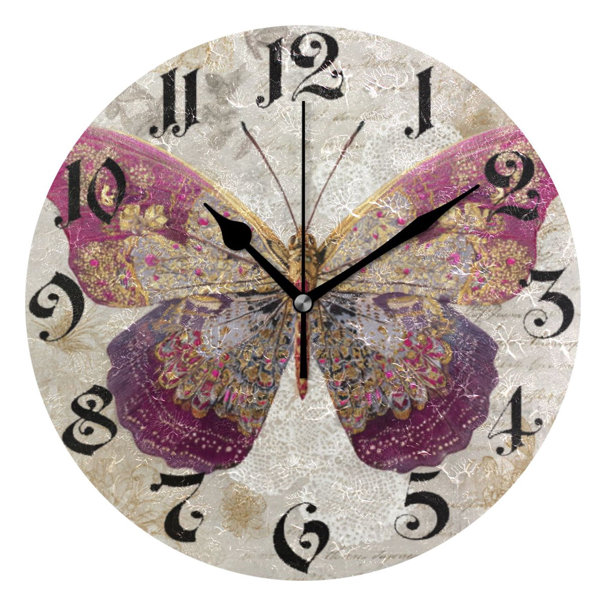 DEIARA Dreamy Butterfly Burgundy Butterfly Wall Clock 10in Silent Mechanism Battery Operated Retro Style for Living Room Bedroom and Kitchen Black Pointer