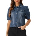 thumbnail image 1 of Chaqueta de mezclilla para mujer INSPIRE CHIC, de manga corta con volantes, con cuello de solapa, chaqueta de jeans, azul oscuro, talla S, 1 of 6