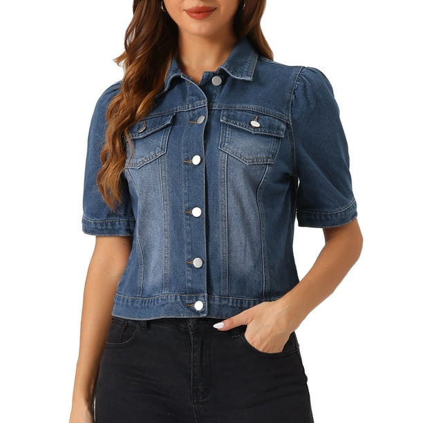 Chaqueta de mezclilla para mujer INSPIRE CHIC, de manga corta con volantes, con cuello de solapa, chaqueta de jeans, azul oscuro, talla S