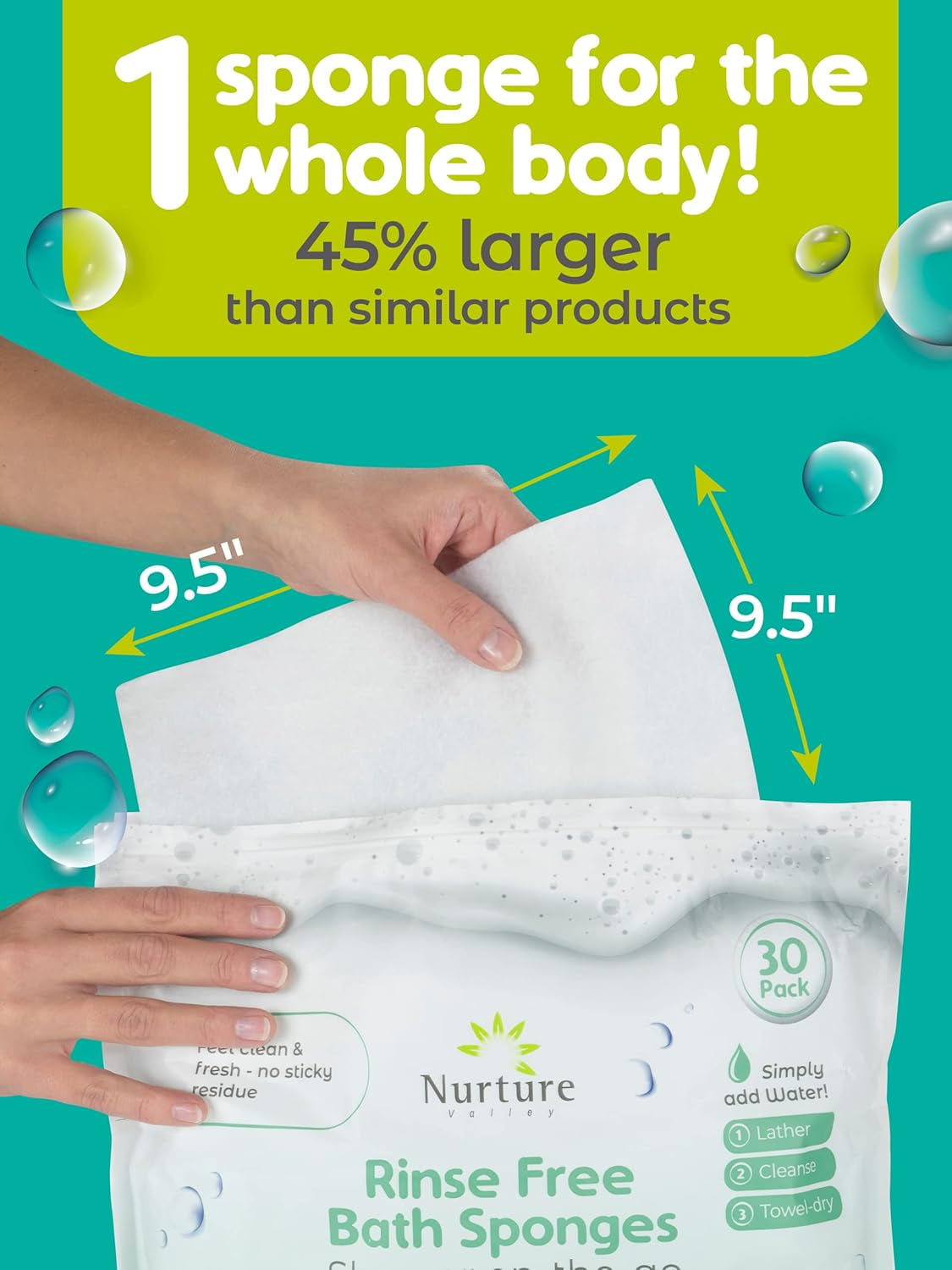 Nurture Sponge Bath Wipes, Large Disposable Wash Cloths for Adults, Seniors, & Bedridden, No Rinse Camping Travel Essentials, 90 Count