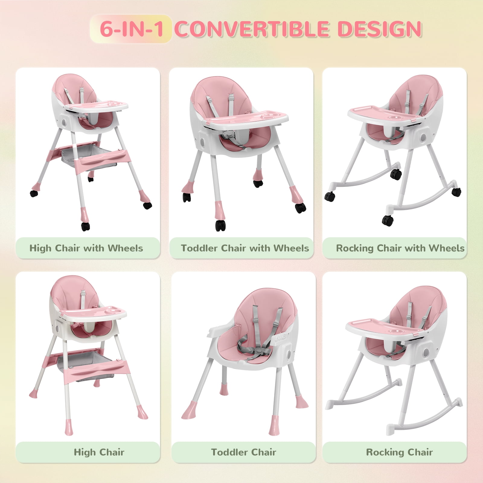 Ktaxon Baby High Chair, Convertible 6 in 1 High Chairs for Babies and Toddlers, Foldable Baby Highchair with 5-Point Safety Harness, Adjustable Dining Tray, Backrest & Height, Pink