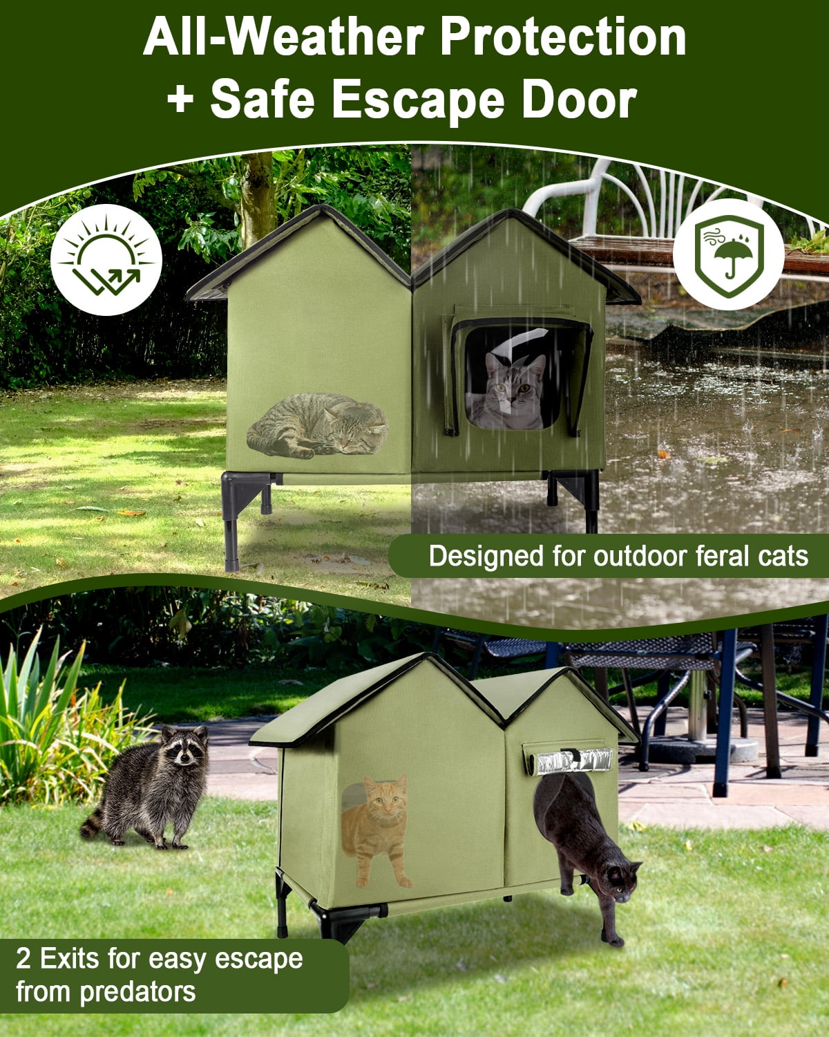 Large Outdoor Cat House Weatherproof, Elevated Feral Cat House Outdoor with a 5.9" Elevated Base, Waterproof PVC Tarpaulin roof Cat Shelter for Multiple Cats, Easy to Assemble（Green）