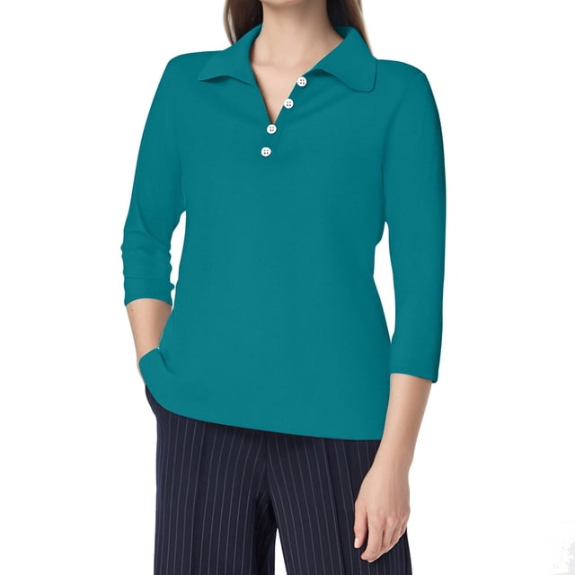 Camisa informal de mujer con cuello en V, botones y manga tres cuartos de color liso - Poliéster y spandex - Top para el trabajo o las fiestas - S-XXXL