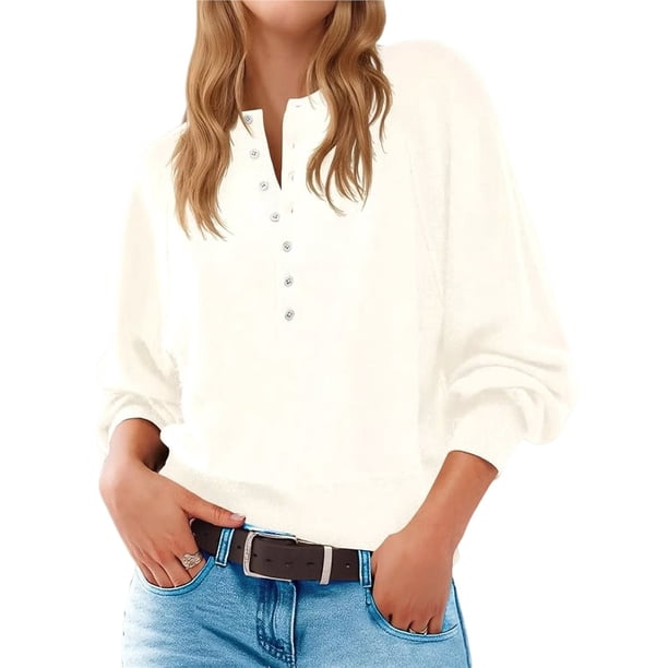 Suéter de Cuello Redondo con Botones para Mujer, Larga, Estilo Henley, Ideal para Otoño. Camisetas Tipo Jersey de Punto Suelto y Moderno. S
