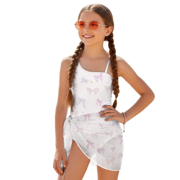 Jiueut Bow Star Print Girls Bathing Suit for Summer Party One Piece Swimsuits with Mesh Cover Up Pool Cut Out Beach Outfits