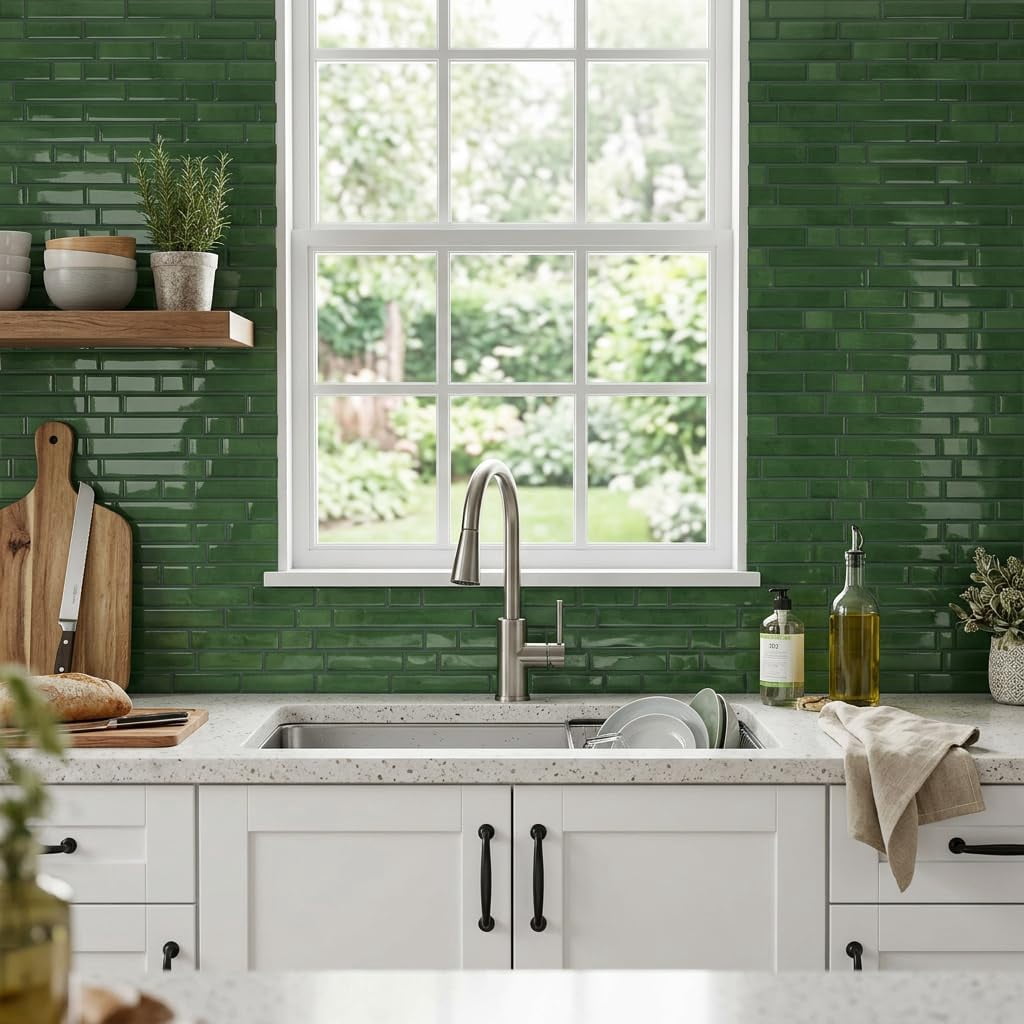 Green Peel And Stick Tile Backsplash 12"x12" Self Adhesive Wall Tiles 3d Marble For Kitchen  (10-sheet)
