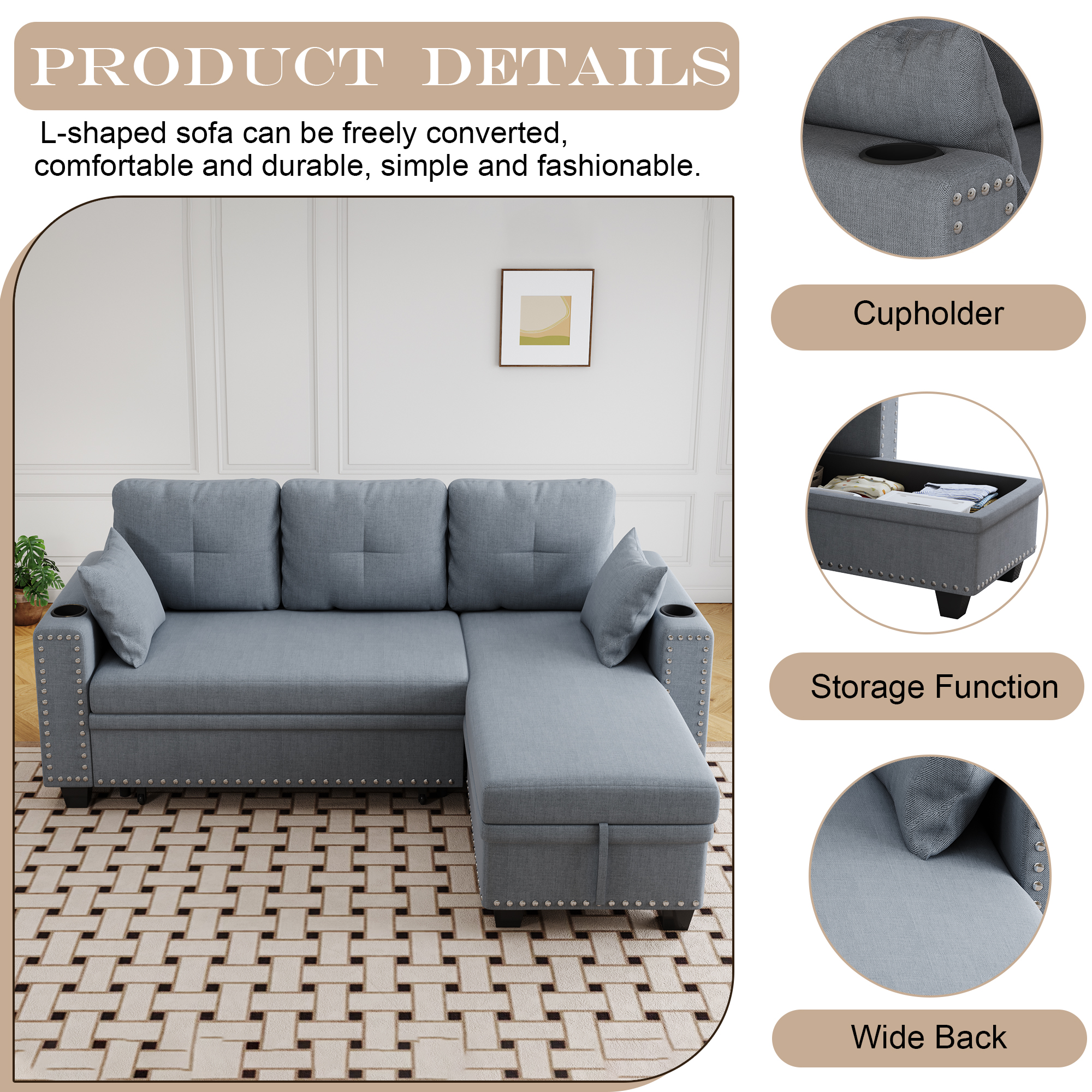 Leumius L-Shape Sleeper Sofa Bed,Modern Large Full Size Pull Out Sectional Couch with Storage, Futon Sofa Bed Sectional Sofa for Living Room,Apartment, Bedroom,Office,Dark Grey