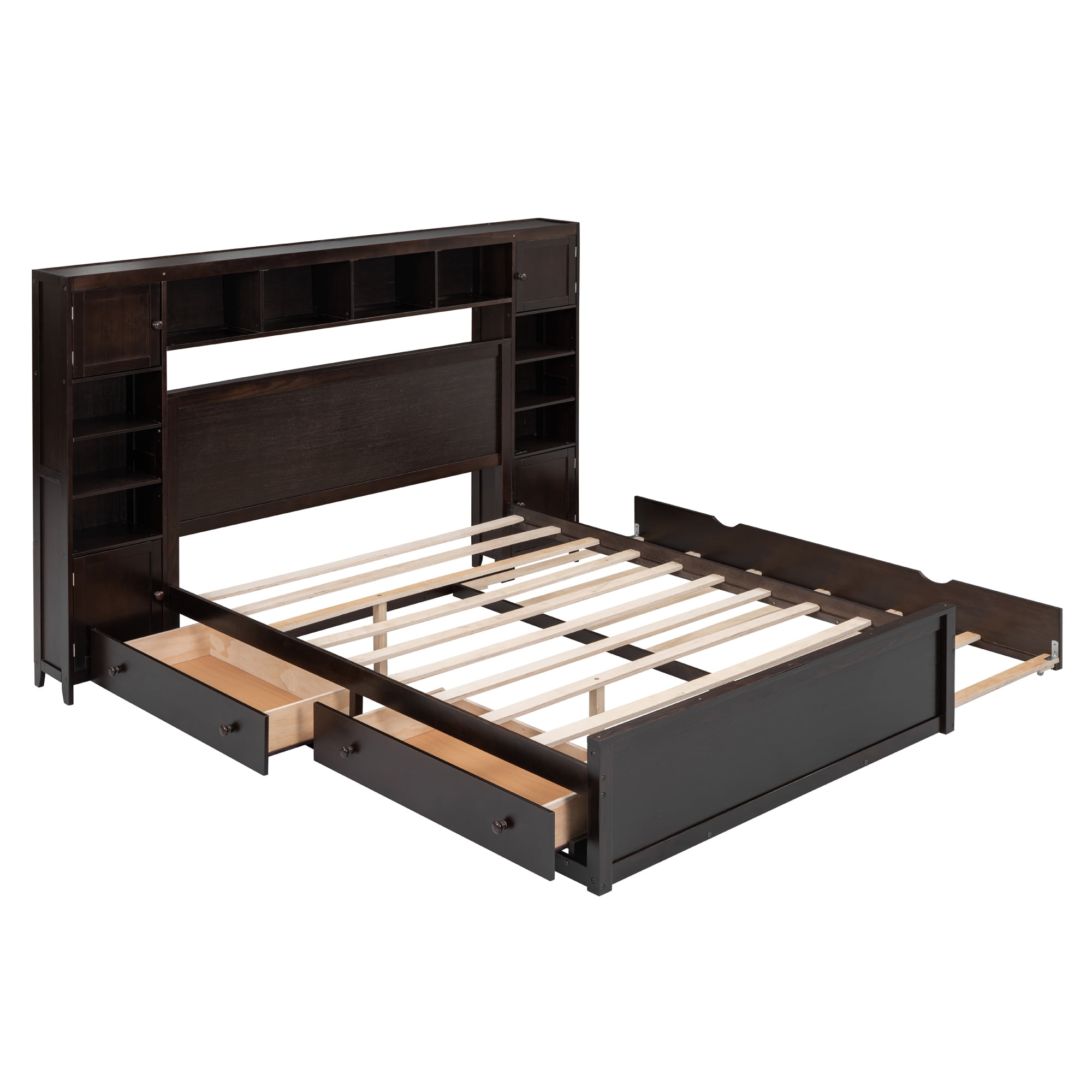 Aukfa Queen Size Bed Frame with All-in-One Cabinet and Shelves, Wooden Functional Bed with Trundle and Storage Drawers, USB Ports Outlets, Espresso