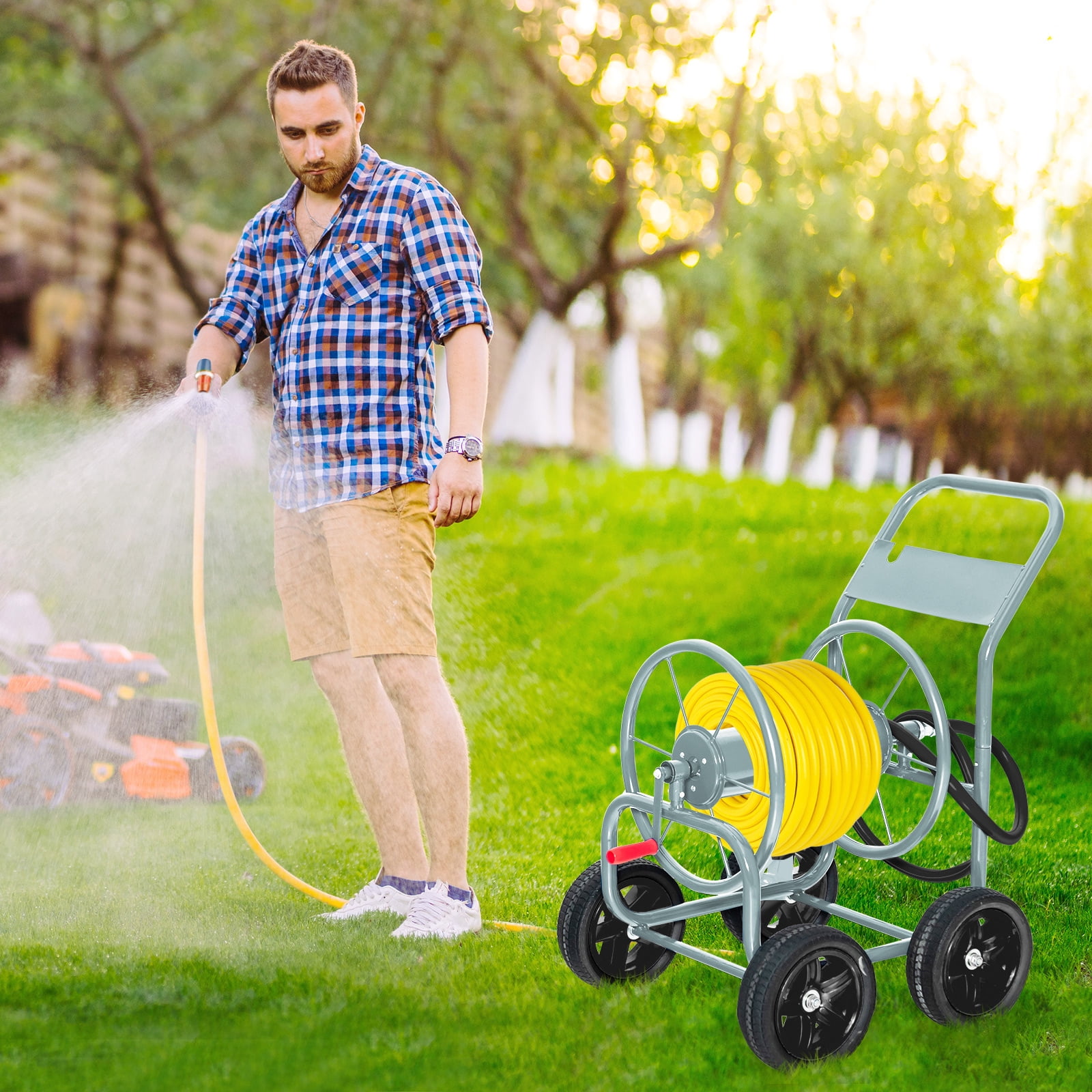 Topbuy 4-Wheel Garden Water Hose Reel Cart, Heavy Duty Wheel Water Planting Cart with Non-slip Crank Handle, Outdoor Slide Hose Guide System Grey