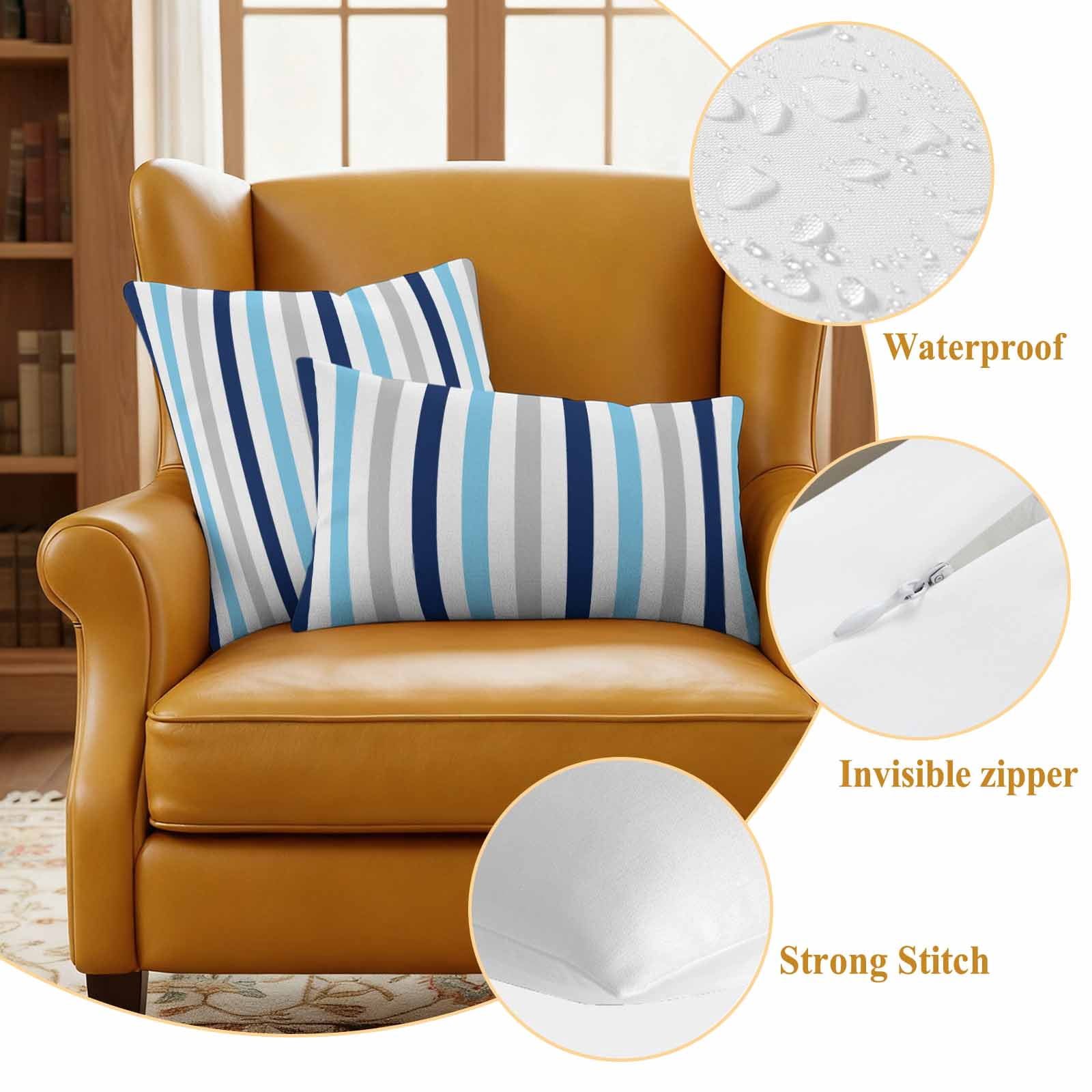 Blue Grey Stripe Outdoor Waterproof Pillow Covers, Geometric White Vertical Striped Decorative Square Throw Pillowcase Sofa Cushion Sham for Patio/Couch/Chair, 16"x16" 2 Pack
