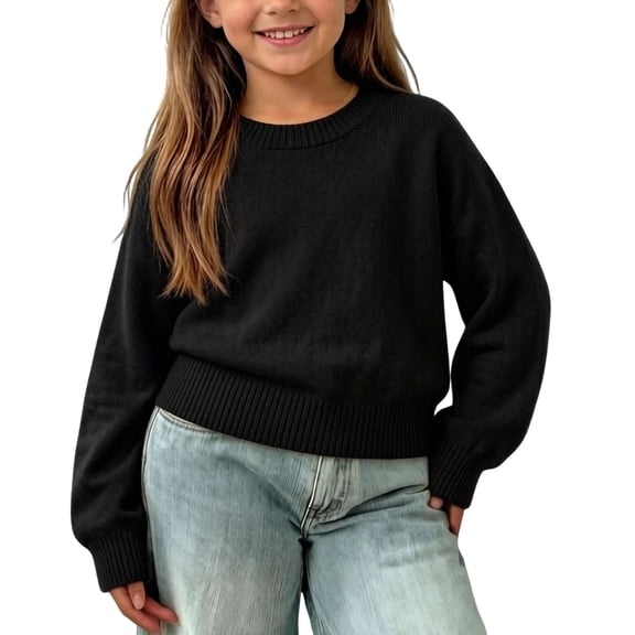 CLOISE Fall Sweaters for Kids Boys Girls Knit Crew Neck Casual Pullover Cotton Blend Solid Color Long Sleeve Tops Slim Clothes Black 1-2T