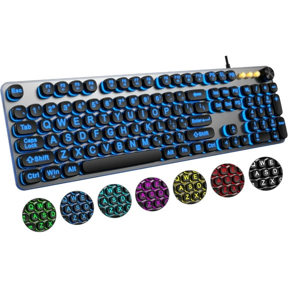 Large Print Backlit Keyboard with 7-Color Backlit, Wired USB Lighted Computer Keyboards Oversize Letters Keys Easy to See, Illuminated for PC, Laptop,Windows Desktop