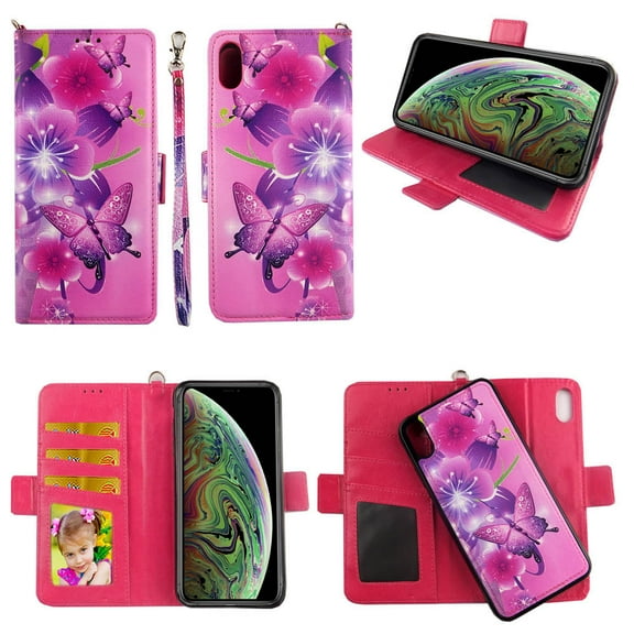 Pink Butterfly Flower Case for iPhone XS Max Magnetic Detachable Pu Leather Wallet Cover with Flap Closure and Snap-on Book Style Cases with Card Holders Wrist Strap 2 in 1 Folio Flip Covers