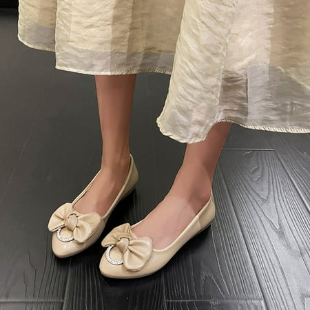 

Cathalem Ladies Fashion Solid Color Leather Bow Rhinestone Decorative Pump Flat Casual Shoes Formal Sandals with Arch Support Khaki 8