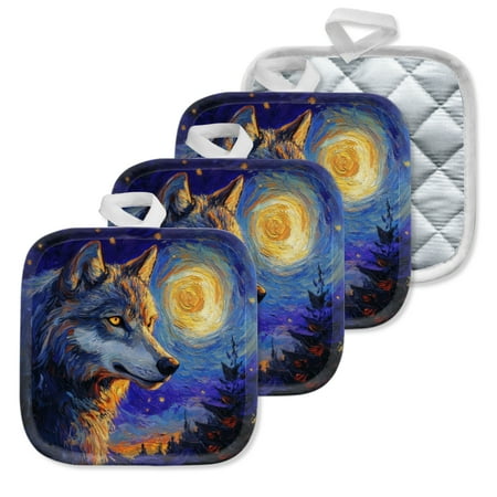 

4Pcs Pot Holder for Kitchen Celestial Wolf In Nightscape Composition Square Heat Resistant Hotpads 8x8in Non Slip Dirt-Proof Kitchen Cook Oven Potholders Machine Washable