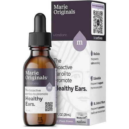 Marie Originals Natural Ear Oil Drops, Mullein & Garlic Herbal Ear Drops for Ear Comfort, Soothing Earache Support for Adults, Kids & Pets, Helps with Ear Wax Soften & Removal, 1 oz