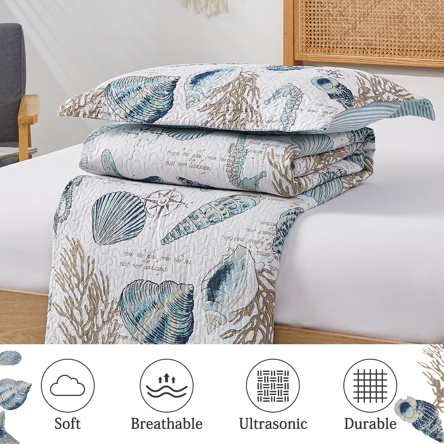 Jessy Home Shell Quilt Queen/Full Size Coastal Beach Bedspreads Microfiber Bedding Set