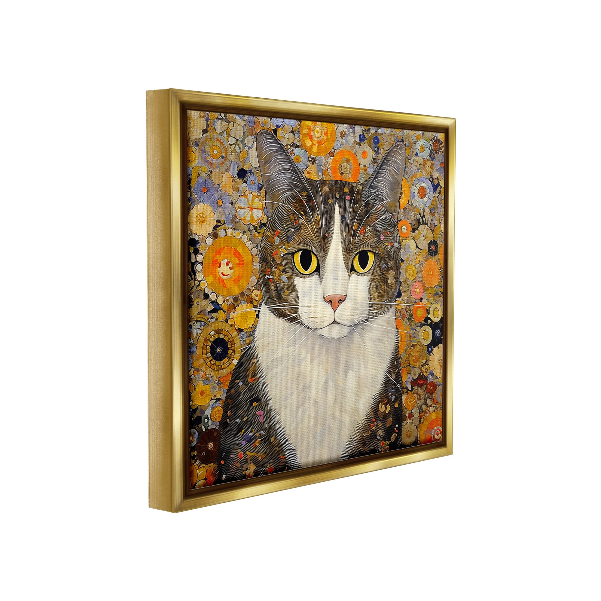 Stupell Industries Mosaic Pattered Cat Animals & Insects Painting Gold Floater Framed Canvas Art Print Wall Art, 18 x 18