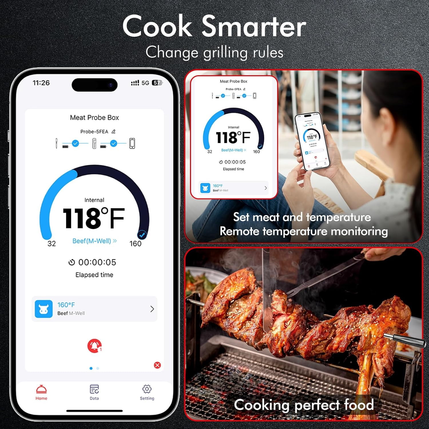 Wireless Smart Bluetooth Meat Thermometer Digital for BBQ, Grill, Oven, Smoker, 500ft Range Cooking Thermometer with Ultra-Thin Wireless Meat Probe, Perfect for Steak, Chicken, Turkey