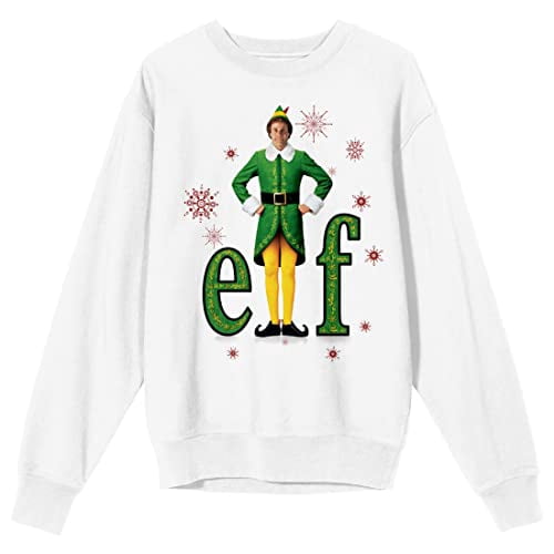 Elf Movie Title Logo and Poster Art Women's White Crew Neck Sweatshirt-Large