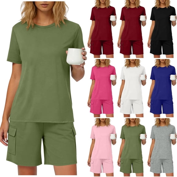 Women's 2 Piece Home Wear Crew Neck Short Sleeve Tops Elastic Waist Pockets Shorts Summer Comfy Lounge Sets (XL, Army Green)