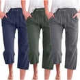 thumbnail image 2 of HAOYUNL Leg Trousers for Women Casual Loose Leg Pants Pocket Home Cropped Pants Solid Color Drawstring Cotton Pants 3/4 Pants S-5XL, 2 of 7