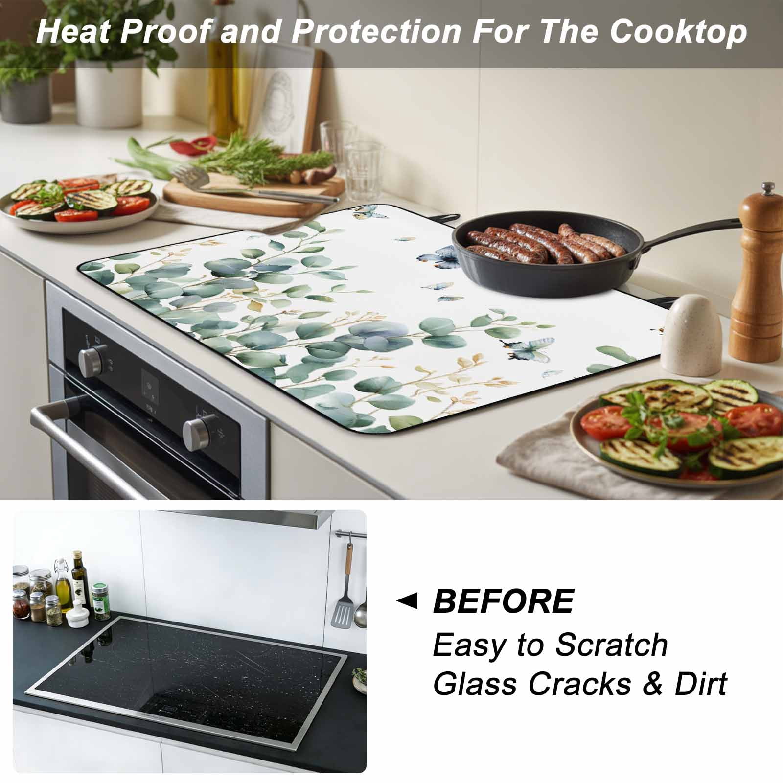 Eucalyptus Stove Top Cover for Electric Stove, Heat-proof & Non Slip Glass Top Stove Cover Protector, Spring Butterfly Nature Plant Aesthetics Kitchen Flat Cooktop Rubber Mat 24x21 Inches