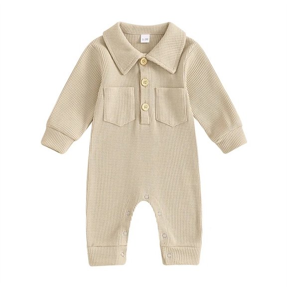 Odeerbi Infant Boys Girls Lapel Collar Romper Jumpsuit Baby Clothes Infant Baby Long Sleeve Solid Color T-Shirt Collar Neck Bodysuit with Pocket Khaki