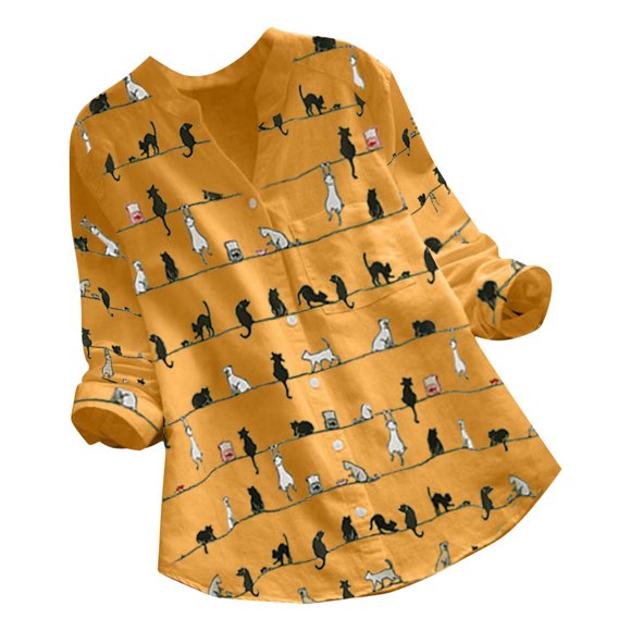2025 Women Casual Cat Print Ladies T Shirts for Women Long Sleeve V-Neck Button Women's T-Shirts Loose Shirt Top