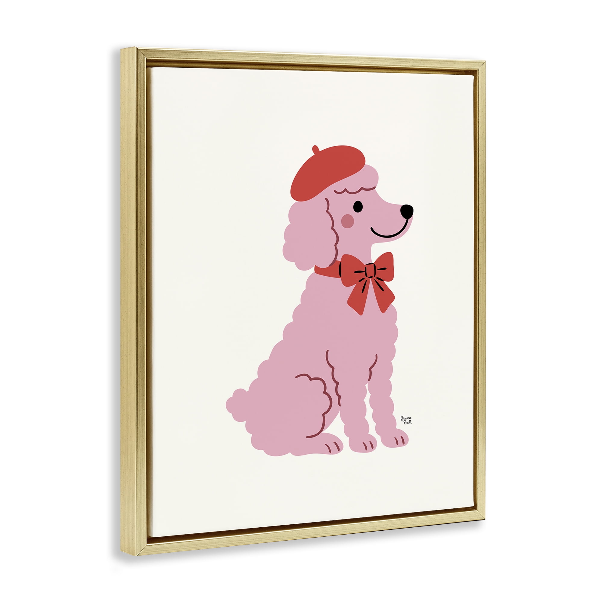 French Poodle in Beret Gold Framed Floater Canvas Wall Art, design by Jessica Beck