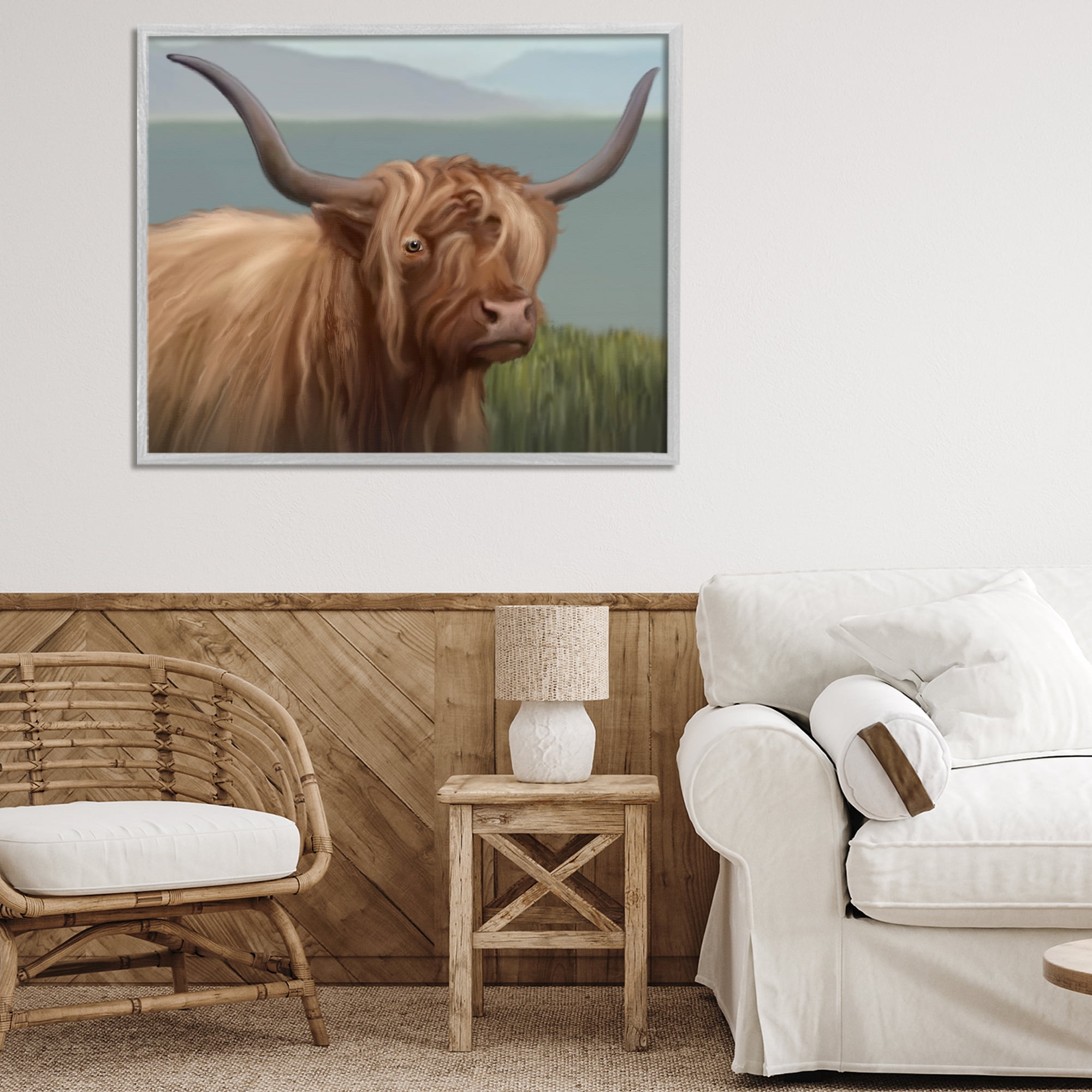 Stupell Industries Scottish Highland Cattle Landscape Gray Framed Giclee Art, design by Matthew Piotrowicz