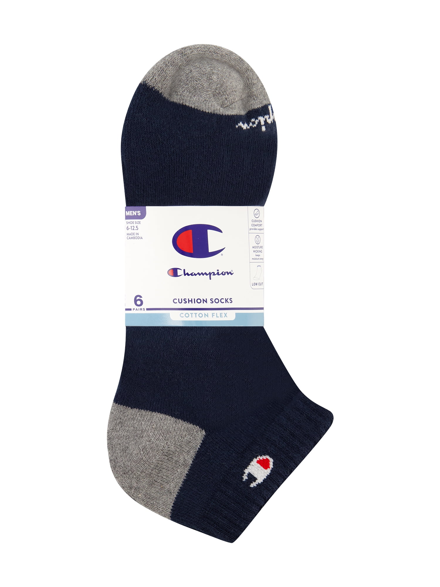 Champion Men’s Low Cut Socks 6 Pack – Half Terry Cushion, Moisture-Wicking, Arch Support, Stretch Comfort, Sizes 6–12.5