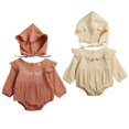 thumbnail image 2 of Baby Girl Cotton Linen  Ruffle Romper with bonnet Hat 2PCS Outfit, 2 of 8