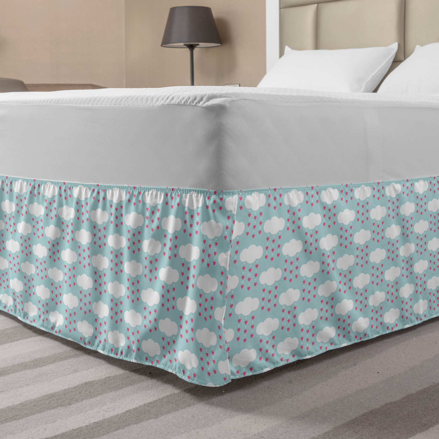 Hearts Bed Skirt, Pattern of Clouds with Hearts Hanging Retro Style ...