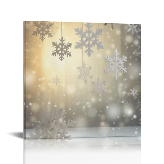JRXY Canvas Wall Art Christmas Snowflake Star White Snow Winter Theme Picture Poster Artwork Painting for Home Decor Framed Ready to Hang 12x12 in