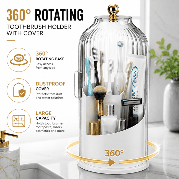 360° Rotating Toothbrush Holder with Cover, Dustproof Bathroom Organizer for Toothbrushes and Cosmetics, White Gold