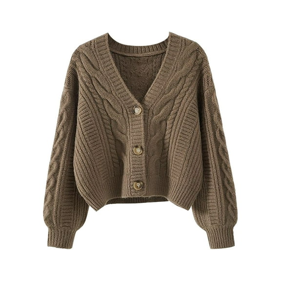 Hontri Cardigan Sweaters for Women Womens Solid Color Sweater Women Vintage Tops Loose Outer Wear V Neck Short Knitted Cardigan Clearance Khaki One Size