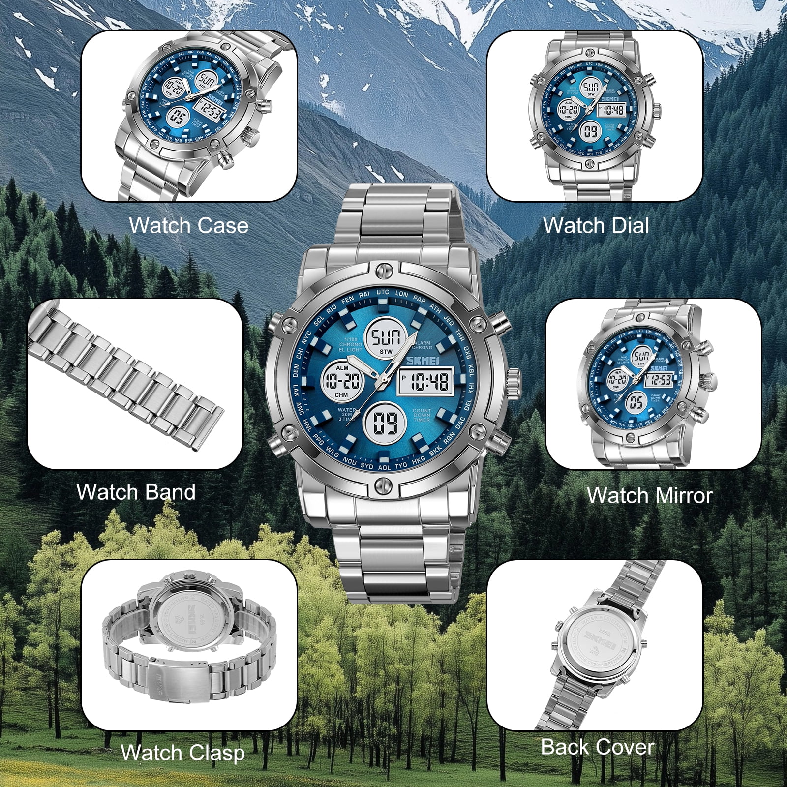 SKMEI Mens Wrist Watch, Waterproof Military Analog Digital Watches with LED Multi Time Chronograph, Stainless Steel Business Quartz Watches for Men