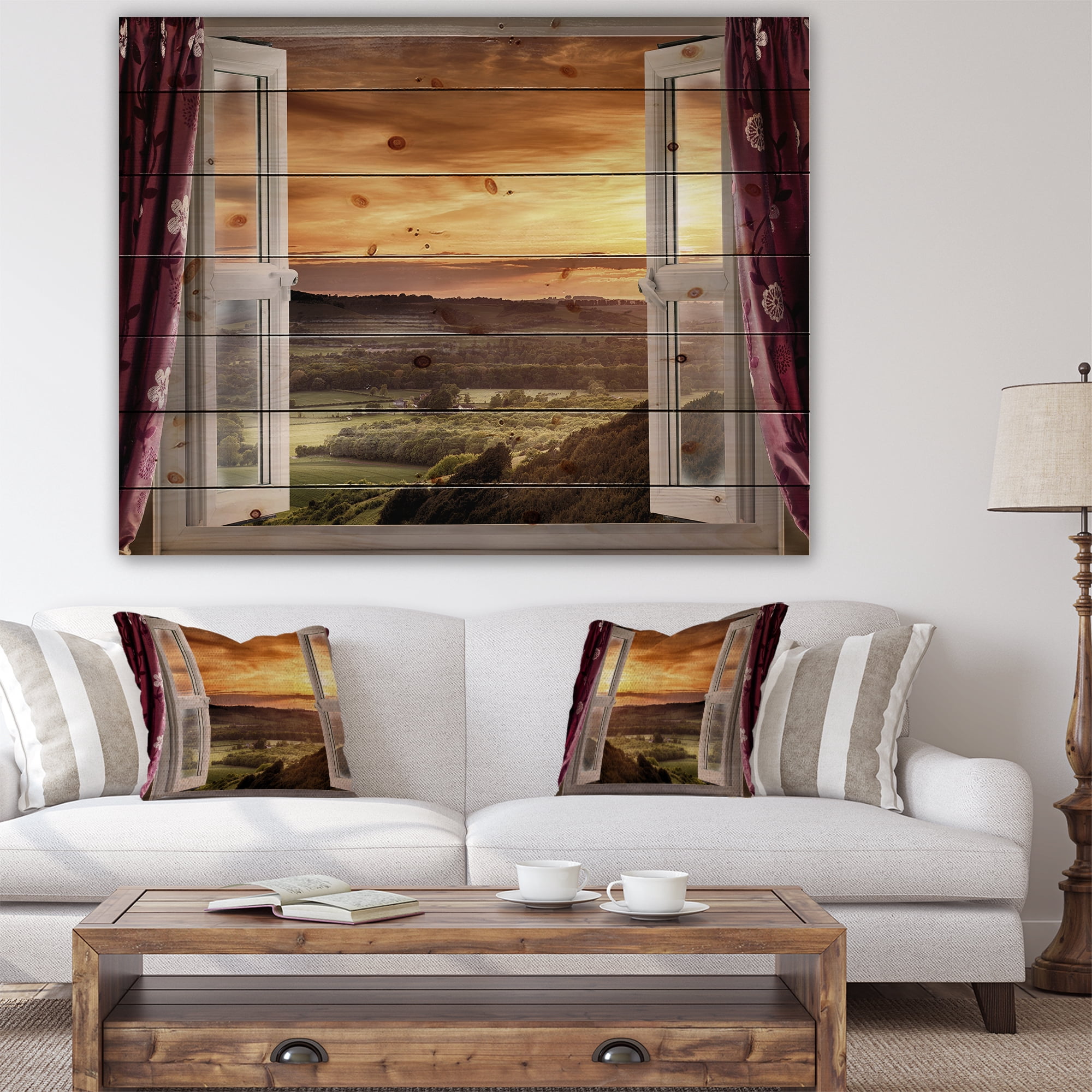 Designart 'Open Window to Rural Sunset Landscape' Contemporary Print on Natural Pine Wood